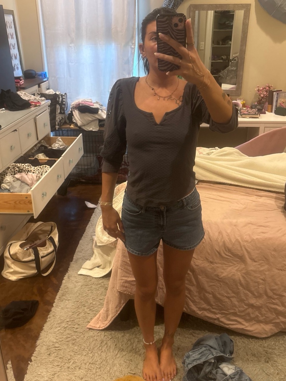 RARE!! Free People Slate Gray Puff-Sleeve Notch-Neck Top